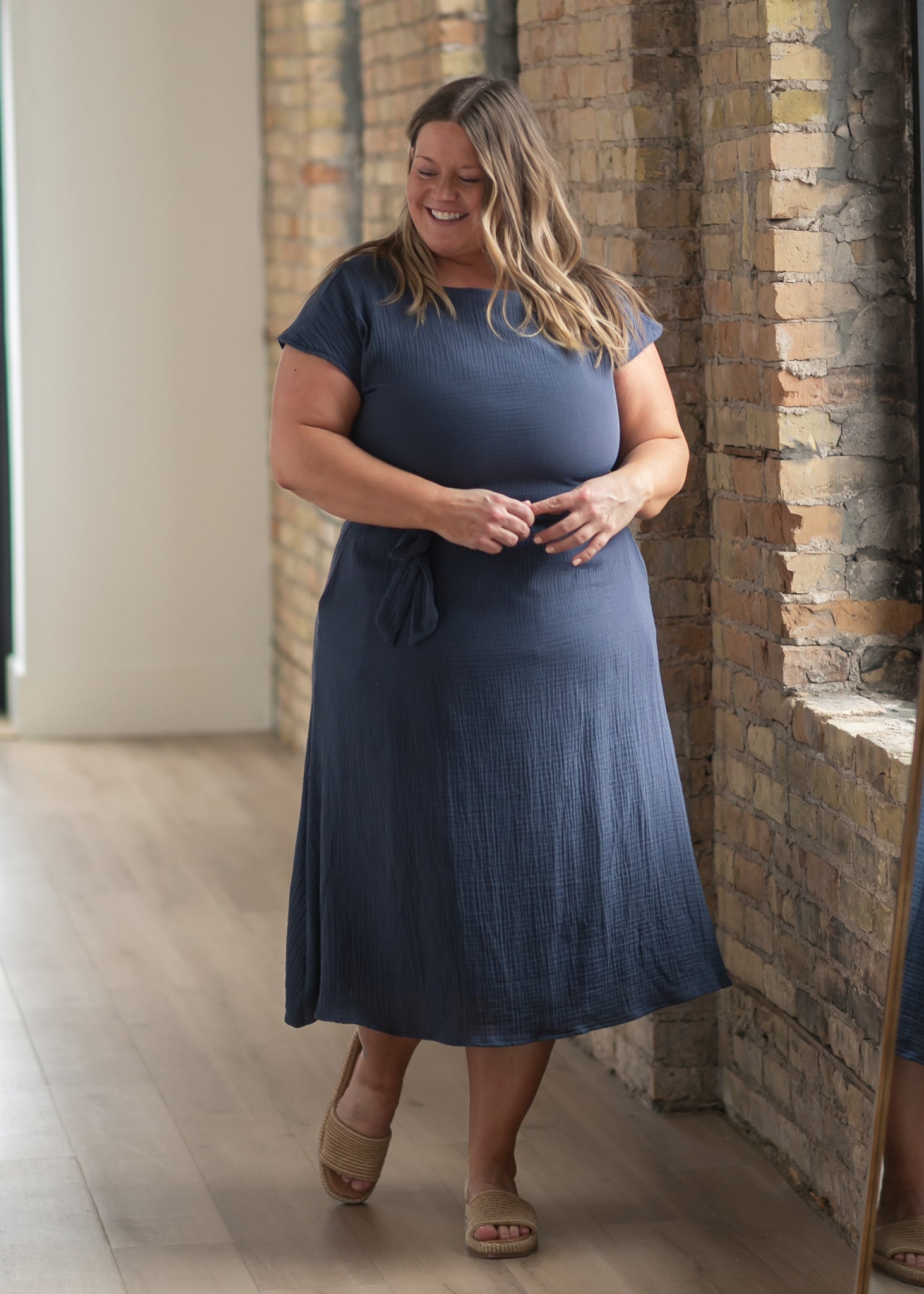 Lily Navy Gauze Belted Midi Dress